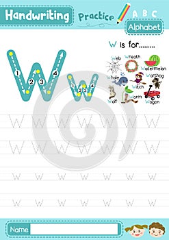 Letter W uppercase and lowercase tracing practice worksheet A4