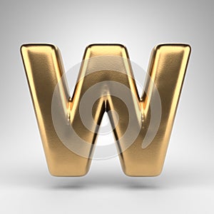 Letter W uppercase on white background. Golden 3D letter with gloss metal texture.