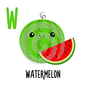 Letter W Watermelon. Animal and food alphabet for kids. Cute cartoon kawaii English abc. Funny Zoo Fruit Vegetable learning.