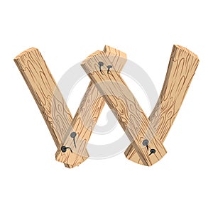 Letter W wood board font. plank and nails alphabet. Lettering of