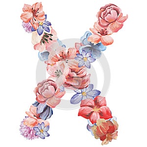 Letter X of watercolor flowers, isolated hand drawn on a white background, wedding design, english alphabet