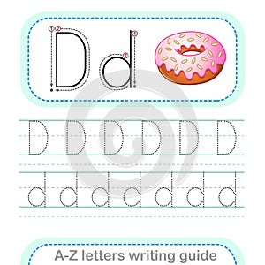 Letter Writing Guide. Worksheet Tracing letters D. Uppercase and lowercase letter English alphabet photo