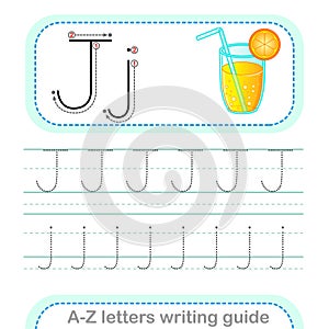 Letter Writing Guide. Worksheet Tracing letters J. Uppercase and lowercase letter English alphabet