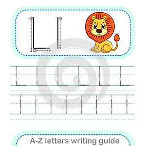 Letter Writing Guide. Worksheet Tracing letters L. Uppercase and lowercase letter English alphabet photo