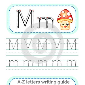 Letter Writing Guide. Worksheet Tracing letters M. Uppercase and lowercase letter English alphabet photo