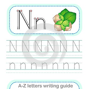 Letter Writing Guide. Worksheet Tracing letters N. Uppercase and lowercase letter English alphabet photo