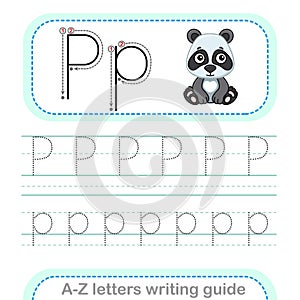Letter Writing Guide. Worksheet Tracing letters P. Uppercase and lowercase letter English alphabet photo