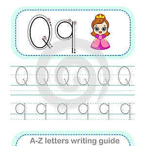 Letter Writing Guide. Worksheet Tracing letters Q. Uppercase and lowercase letter English alphabet photo