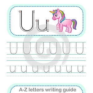 Letter Writing Guide. Worksheet Tracing letters U. Uppercase and lowercase letter English alphabet photo