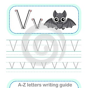 Letter Writing Guide. Worksheet Tracing letters V. Uppercase and lowercase letter English alphabet photo