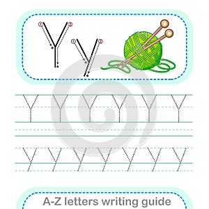 Letter Writing Guide. Worksheet Tracing letters Y. Uppercase and lowercase letter English alphabet photo