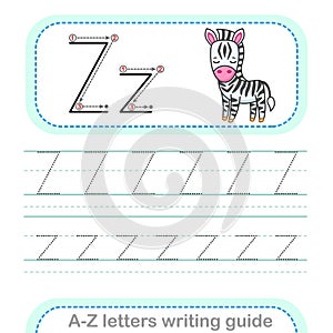 Letter Writing Guide. Worksheet Tracing letters Z. Uppercase and lowercase letter English alphabet photo