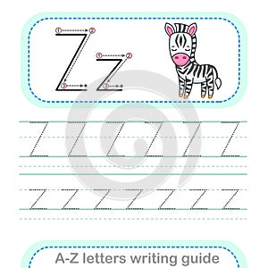 Letter Writing Guide. Worksheet Tracing letters Z. Uppercase and lowercase letter English alphabet