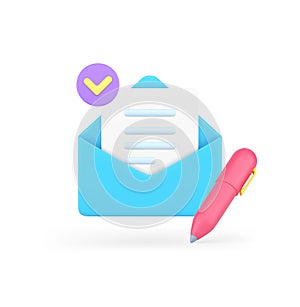 Letter writing in open envelope pen document success send postal mail delivery 3d icon vector
