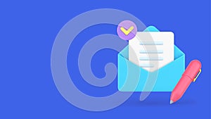 Letter writing in open envelope pen document success send postal mail delivery 3d icon vector