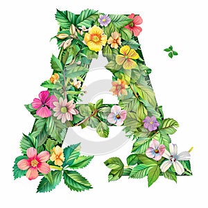 The letter A written with delicate flowers, monogram, watercolor art. Created with AI