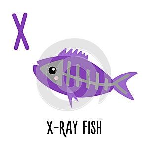 Letter X X-ray fish. Animal and food alphabet for kids. Cute cartoon kawaii English abc. Funny Zoo Fruit Vegetable learning.