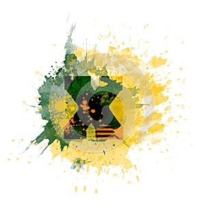 Letter X typography design, dark green and yellow ink splash grunge watercolor splatter, isolated on white, grungy backgro photo
