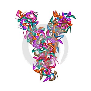 Letter Y, alphabet made of multicolored high heel shoes, woman footwear, 3d render on white background