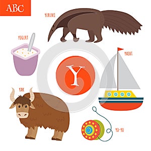 Letter Y. Cartoon alphabet for children. Yo-yo, yak, yacht, yogurt, yurumi