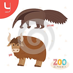 Letter Y. Cute animals. Funny cartoon animals in vector. ABC boo