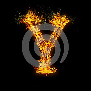 Letter Y. Fire flames on black isolated background