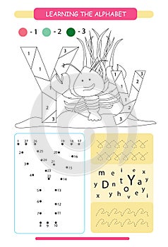 Letter Y and funny cartoon yabby. Animals alphabet a-z. Coloring page. Printable worksheet. Handwriting practice. Connect the dots