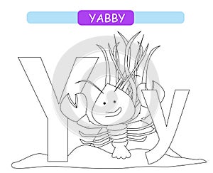 Letter Y and funny cartoon yabby. Coloring page. Animals alphabet a-z. Cute zoo alphabet in vector for kids learning English vocab