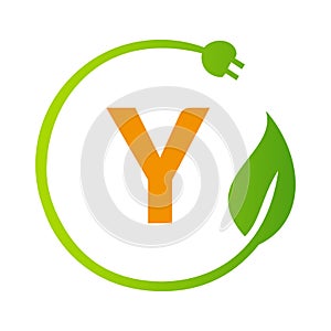 Letter Y Green Energy Electrical Plug Logo Template. Electrical Plug Sign Concept with Eco Green Leaf Vector Sign
