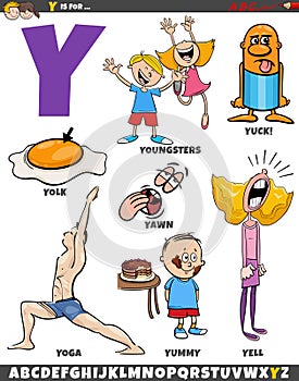 Letter Y set with cartoon objects and characters