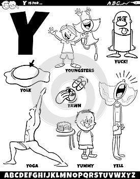 Letter Y set with cartoon objects and characters coloring page