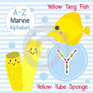 Letter Y tracing. Yellow Tang Fish. Yellow Tube Sponge. Marine alphabet