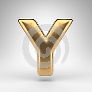 Letter Y uppercase on white background. Golden 3D letter with gloss metal texture.