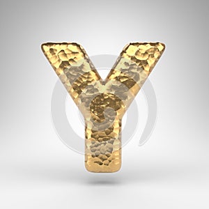 Letter Y uppercase on white background. Hammered brass 3D letter with shiny metallic texture