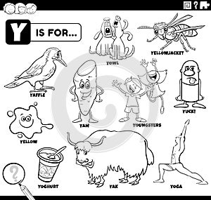 Letter y words educational cartoon set coloring page