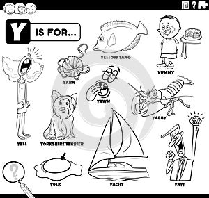 Letter y words educational cartoon set coloring page