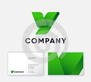 Letter Y. Y monogram consists of bended green ribbon or paper strip. Corporate style. Business card template.