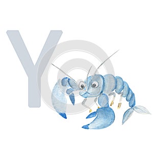 Letter Y, yabby, cute kids animal ABC alphabet. Watercolor illustration isolated on white background. Can be used for