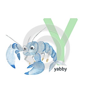 Letter Y, yabby, cute kids animal ABC alphabet. Watercolor illustration isolated on white background. Can be used for