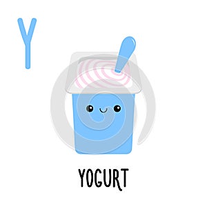 Letter Y Yogurt. Animal and food alphabet for kids. Cute cartoon kawaii English abc. Funny Zoo Fruit Vegetable learning. Education