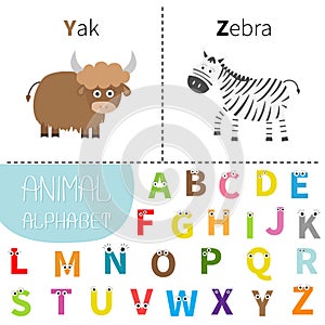 Letter Y Z Yak Zebra Zoo alphabet. English abc with animals Letters with face, eyes. Education cards for kids White back