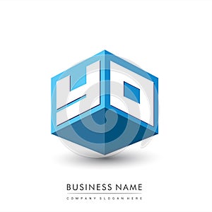 Letter YO logo in hexagon shape and blue background, cube logo with letter design for company identity