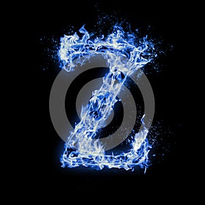 Letter Z. Blue fire flames on black