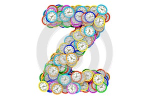 Letter Z from colored wall clocks, 3D rendering