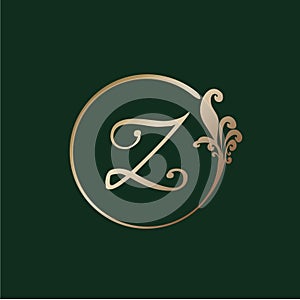 Letter Z Decorative Alphabet Logo isolated on green Background. Luxury gold ring Initial Abjad Logo Design Template. Elegant Curl