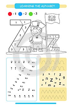 Letter Z and funny cartoon zebra. Animals alphabet a-z. Coloring page. Printable worksheet. Handwriting practice. Connect the dots