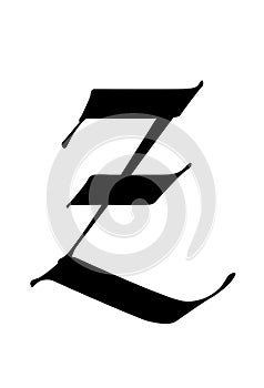 Letter Z, in the Gothic style. Vector. Alphabet. The symbol is isolated on a golden background. Calligraphy and lettering. Medieva