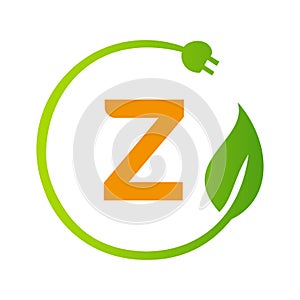 Letter Z Green Energy Electrical Plug Logo Template. Electrical Plug Sign Concept with Eco Green Leaf Vector Sign