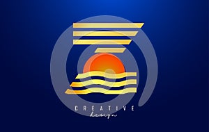 Letter Z logo design with golden lines and red half circle. Vector illustration with wavy and sunset lines on a dark blue