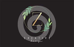 Letter Z logo design with uppercase, leaf details, golden outline leaves and circle frame. Vector Illustration with Botanical